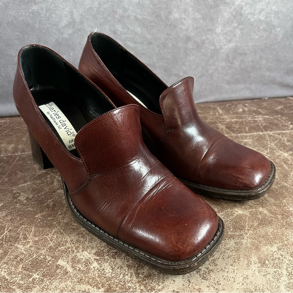 Vintage CHARLES‎ DAVID Brown Leather Block Heels Shoes Womens 37 Made In Italy